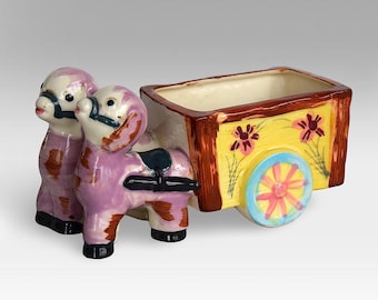 VTG Easter "Lambs with Cart" Hand Painted Ceramic Planter - Mid Century Easter / Spring Collectible - (7 inch / 18 cm)