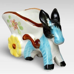 VTG Kitsch "Donkey With Flower Cart" Hand Painted Porcelain Planter - (3 inch / 7.5 cm)