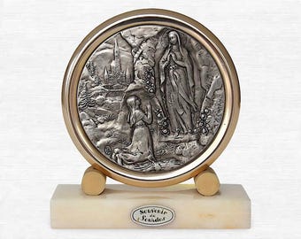 VTG French "Our Lady of Lourdes" Souvenir Plaque On Marble Base - Apparition Virgin Mary To Bernadette - Lourdes - France - (5.75 inch)