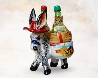 VTG Modern Ceramic "Donkey" Pepper And Salt Set - With Two Traditional Italian Miniature Liqueur Wine Bottles - Italy - (7 inch / 17.5 cm)