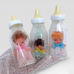 VTG NOS 1960s 70s Kitsch Kawaii 3 &quot;Liddle Kiddles&quot; Clone Doll Mini Baby Bottle Toys - Tiny Dolls - Made in Hong Kong - (5.25 inch / 13.5 cm)