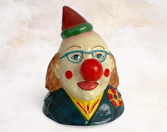 VTG Mid Century "Clown" Hand Painted Ceramic Head Bust Money Bank - Coin Bank Collectible - Circus Clown - (8 inch / 20.5 cm)