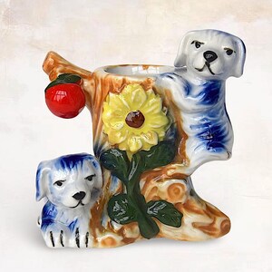 VTG Kitsch "Puppies & Tree Trunk" Flower Pot / Planter - Hand Painted Porcelain Figurine - (3.50 inch / 9 cm)