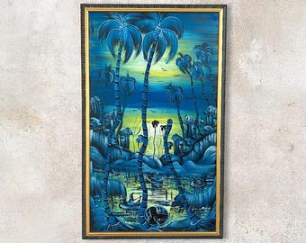 VTG Haitian Folk Art "Francis Paraison" Oil on Cardboard "Haiti Beach" Original Framed Art Painting - Signed by Artist - (31.5 inch / 80 cm)