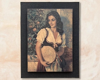 VTG Mid Century Italian "Luigi Amato" Original Framed Double Mounted "Tambourine Dancer" Wall Art Print - Signed - (30.75 inch / 78 cm)