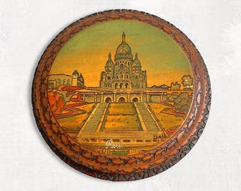 VTG French Religious "Sacré-Coeur Paris" Carved Wooden Hand Painted "Trinket Box" Souvenir - France - Signed by Artist - (8 inch / 20 cm)