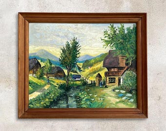 VTG 1969 Folk Art Mid Century Original Framed "Mountain Village" Oil on Canvas Painting - Signed by Coolsaet Serge - (22 inch / 56 cm)
