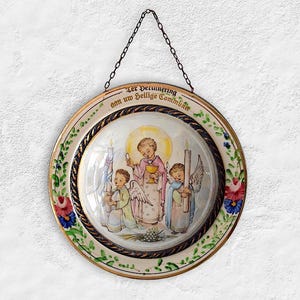 Rare VTG 1934-1963 Belgian "Hubert Bequet" Hand Painted Religious Faience Wall Decor - Made in Quaregnon, Belgium - (6.75 inch / 17 cm)