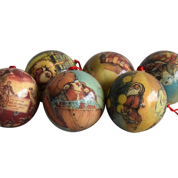 VTG X-mas 1980s Set Of 6 Paper Mâché Christmas Balls - "Various Decors" - Christmas Tree Hanging Decoration - (3.25 inch / 8.5 cm)