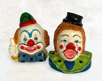 VTG Mid Century Pair "Clown" Hand Painted Ceramic Head Bust Money Banks - Coin Bank Collectibles - Circus Clowns - (8.25 inch / 21 cm)