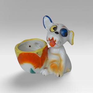 VTG 1950s Japanese &quot;Dog&quot; Hand Painted &quot;Carnival Prize&quot; Porcelain Animal Figurine Planter - Made in Japan - Marked - (3.25 inch / 8 cm)