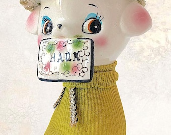 Rare VTG Japan Kawaii Big Eyed "Sweater Bank Puppy Dog With Straw Hat" Hand Painted Kitsch Ceramic Money Bank Figurine - (8 inch / 20.5 cm)
