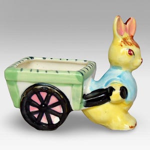 VTG Easter "Bunny with Cart" Hand Painted Porcelain Planter / Pincushion - Easter Collectible - (3.25 inch / 8 cm)
