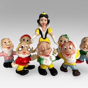 Rare 1960s Italian &quot;Snow White and the Seven Dwarfs&quot; Squeak Rubber Toys - Complete Set - by Ledra Plastic - Italy - (16 inch / 41 cm)