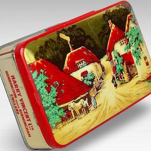 VTG English "Blue Bird Toffee" Tin Box - Country Village Scene - by Harry Vincent Ltd - Made in England - (6 inch / 15 cm)