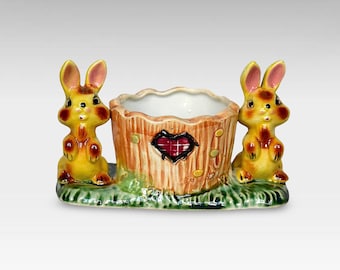 VTG 1950s Easter "Bunnies" Hand Painted Porcelain Planter - Mid Century Easter Collectible - (3.50 inch / 9 cm)