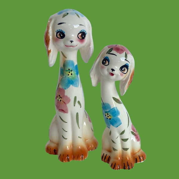 VTG 1960s 70s Kitsch Big Eyed Couple "Long Neck Dog" Hand Painted Ceramic Figurines - Flower Decor - (6.75 inch / 17 cm)