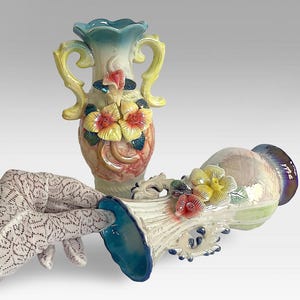 VTG Kitsch Lusterware &quot;Upraised Flowers&quot; Double Handled Ceramic Vases - Couple Iridescent Lustreware Flower Vases - (7 inch / 18 cm)