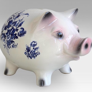 VTG XL &quot;Piggy&quot; Money Bank - Blue Flower Print - Kitsch Ceramic Animal Coin Bank Collectible - (11.50 inch / 29 cm)