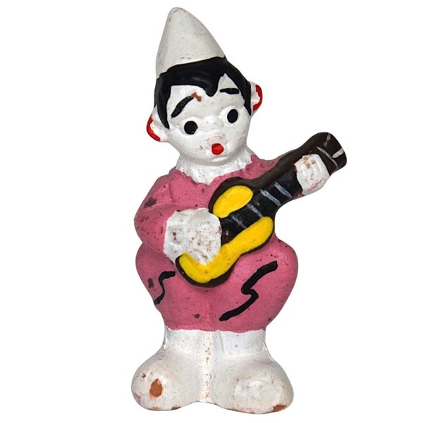 VTG 1980s Spanish Small "Pierrot Flamenco Guitar Player" Hand Painted Terracotta Clay Figurine - Souvenir from Spain - (2.25 inch / 5.5 cm)