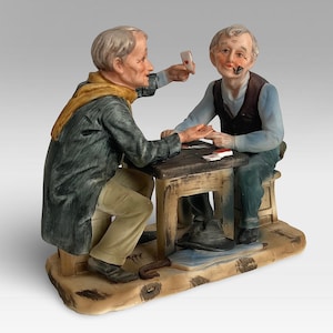 VTG 1970s Japan "Gentlemen Playing Cards Scene" Hand Painted Ceramic Bisque Porcelain Figurine - Capodimonte Style - (6.75 inch / 17 cm)