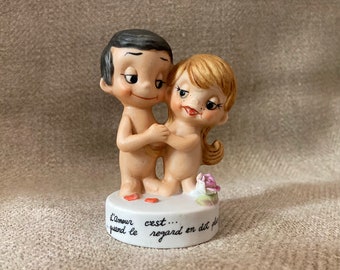 Rare VTG 1976 French Kim Casali "Love is..." Hand Painted Bisque Porcelain Figurine - Los Angeles Times - 1970s - (3.50 inch / 9 cm)