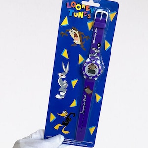 VTG NOS 1996 "Taz & Bugs Bunny" Purple Plastic Digital Watch - by WB "Looney Tunes" - Pop Culture Characters - 1990s - (10.25 inch / 26 cm)
