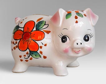 VTG Kawaii Japanese Big Eyed &quot;Piggy&quot; Flower Power Money Bank - Kitsch Ceramic Animal Figurine Coin Bank - Made in Japan - (6 inch / 15 cm)