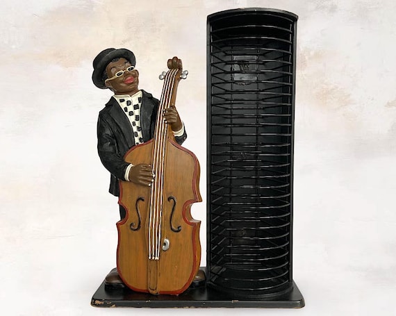 Rare VTG 1990s Double Bass Jazz Band Musician "CD Rack / Stand" - Hand Painted Composition Statue - Storage for 26 CD's - (18 inch / 46 cm)