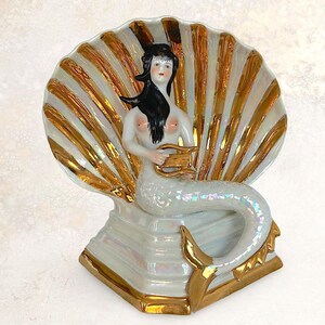 VTG 1970s Modern "Mermaid Playing Music In Seashell" Hand Painted Gilded "Lusterware" Bisque Porcelain Statue - (8.25 inch / 21 cm)