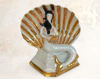 VTG 1970s Modern "Mermaid Playing Music In Seashell" Hand Painted Gilded "Lusterware" Bisque Porcelain Statue - (8.25 inch / 21 cm)