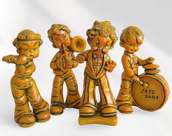 Rare VTG Mid Century Kitsch "Jazz Band" Hand Painted Set (4) Chalkware Figurines / Statues - (10.25 inch / 26 cm)