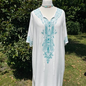 White kaftan with turquoise embroidery and tie up, beach coverup, festival maxi dress, caftan, holiday dress, plus size dress, gift for her