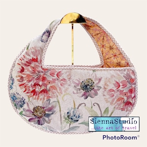 Sac fait main en lin floral, design individuel avec doublure en coton rembourrée, fourre-tout en tissu naturel joyeux pour les vacances, cadeau unique pour femme