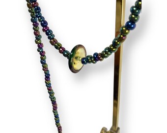 Rainbow Glass Beaded Necklace, Metallic Vintage Lampwork, Long Two-Strand