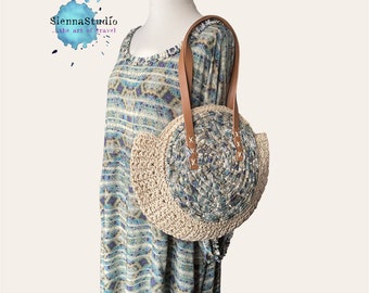 Round straw shoulder bag, womens beach handbag, woven tote,  holiday bag, gift for her