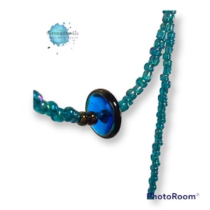 Turquoise glass beaded extra long necklace, two strings of iridescent beads with vintage lamp work detail, gift for her, holiday wardrobe.