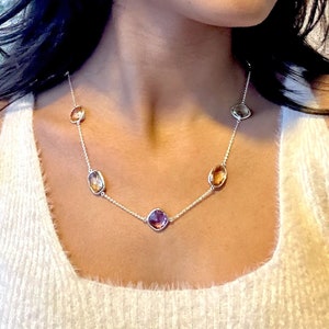 Natural Multi Semi Precious Dainty Necklace, Birthstone Necklace for Women, Silver Chain, Minimalist, Handmade Jewelry