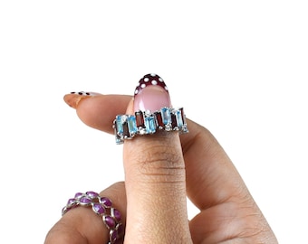 Garnet Blue Topaz Eternity Ring, Sterling Silver Baguette Band, January Birthstone Gift