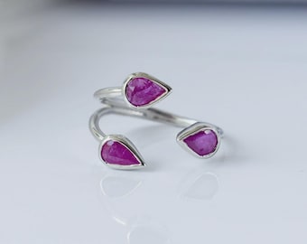Natural Ruby Toi et Moi Ring, Pear Cut Sterling Silver Stacking Ring