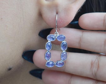 Handmade Sterling Silver Tanzanite Drop Earrings, Oval Cabochon, December Birthstone Gift
