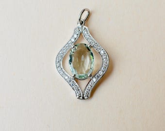 Oval Green Amethyst Pendant, Sterling Silver CZ Swirl Halo Necklace