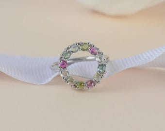 Multi Tourmaline Open Circle Ring, Sterling Silver Rainbow Gemstone Statement Ring