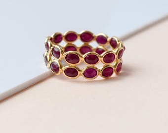 18K Gold Marquise Ruby Eternity Ring, Woven Link Band, July Birthstone