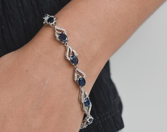 Natural Iolite Tennis Bracelet, Sterling Silver Wave-Link Design, September Birthstone Gift