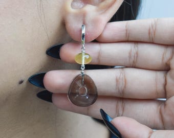 Handmade Smoky Quartz & Lemon Quartz Sterling Silver Dangle Earrings, Freeform Gemstone Jewelry