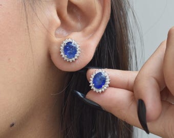 Handmade Blue Sapphire Halo Stud Earrings, 925 Sterling Silver, September Birthstone Gift