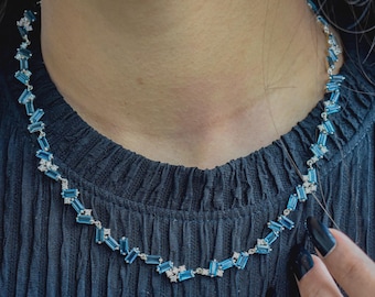London Blue Topaz Statement Necklace, 925 Sterling Silver Multi Strand Baguette Necklace, Natural Gemstone, December Birthstone Gift