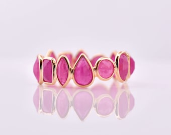 14K Gold Natural Ruby Ring: Mix Shape Gemstone Band