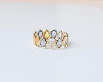 18K Gold Rainbow Sapphire Wreath Ring, Bezel-Set Coil Statement Ring